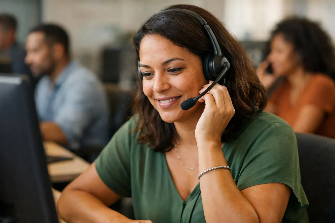 Operador de call center de cobrança conversando com calma ao telefone diante do computador