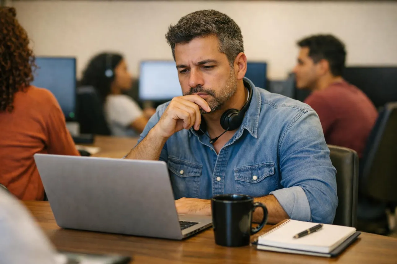 Gestor de operação comparando sistemas de call center no notebook em uma mesa de reunião