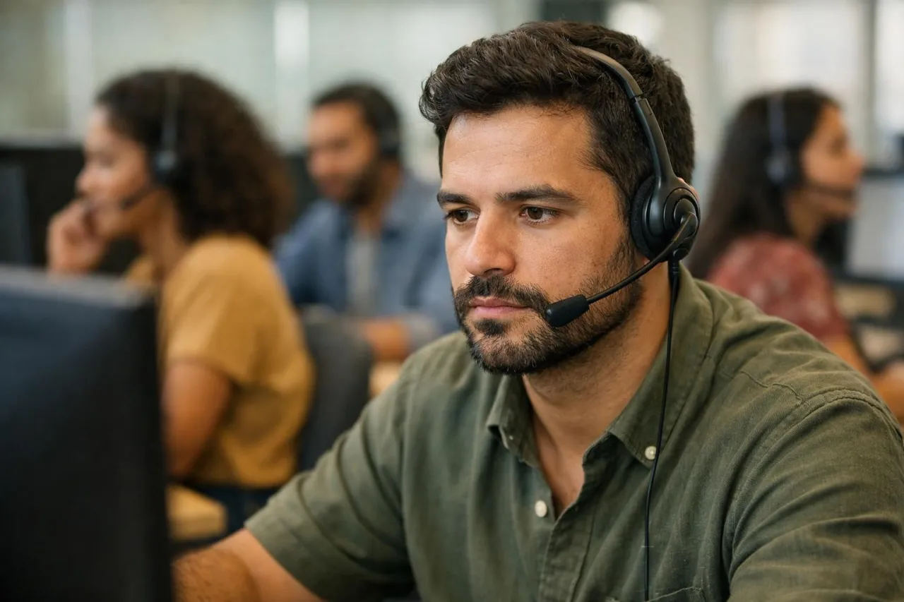 Operador de vendas por telefone concentrado na tela enquanto o discador conecta a próxima ligação