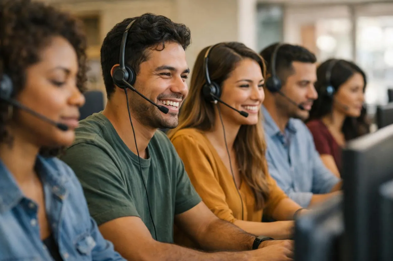 Operadores de call center sorrindo enquanto atendem ligações lado a lado em suas estações de trabalho