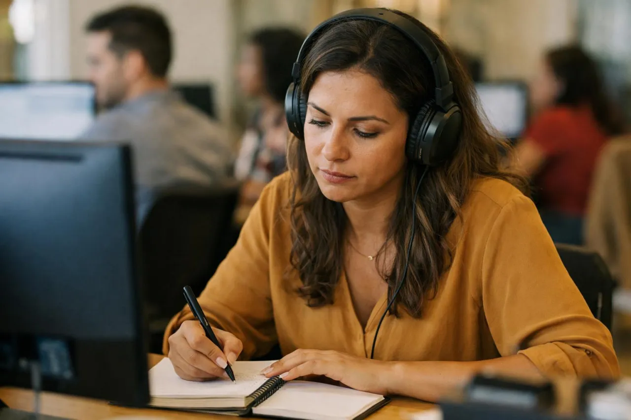 Coordenadora de qualidade ouvindo a gravação de uma ligação com fones de ouvido e fazendo anotações