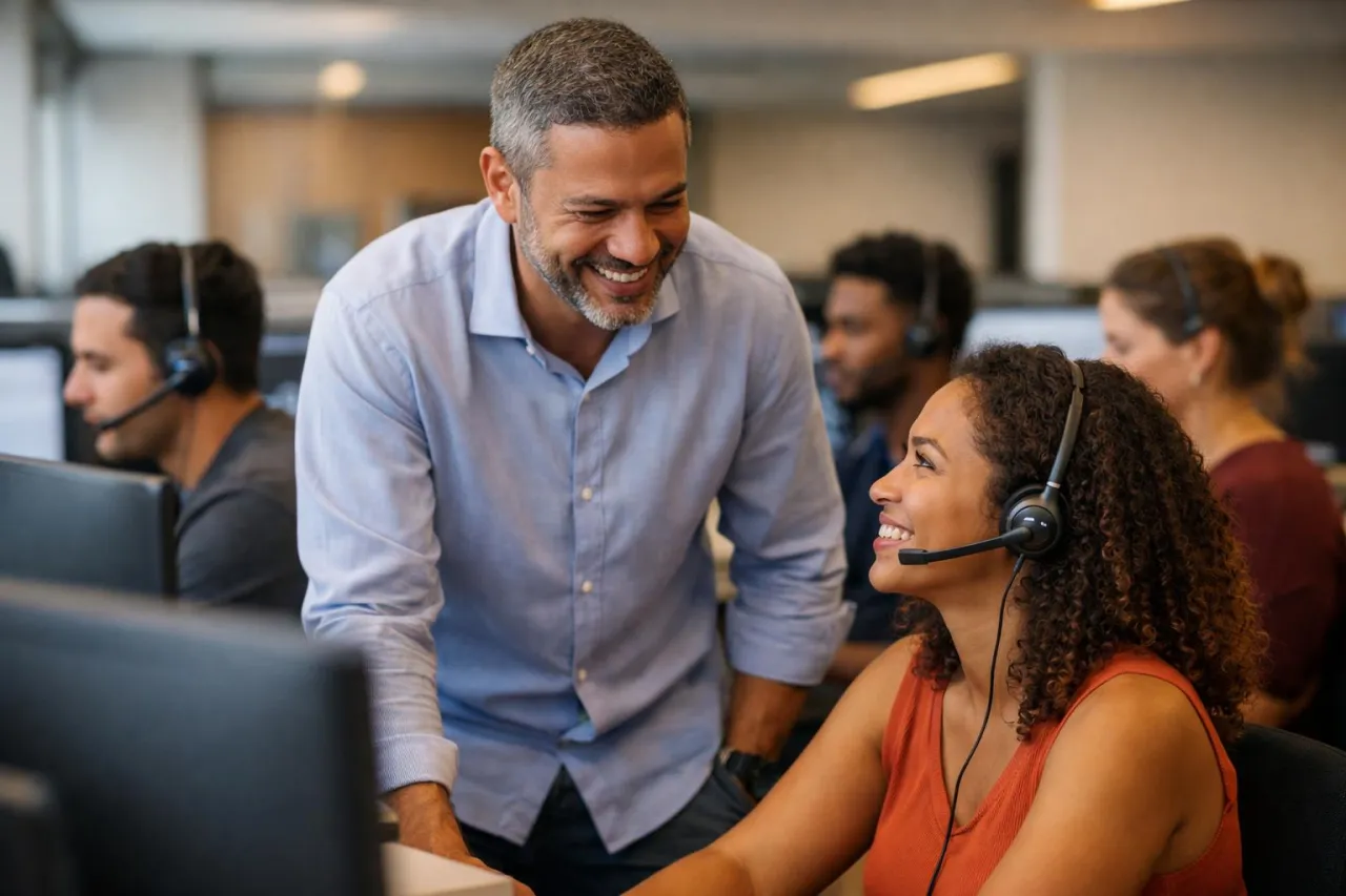 Equipe de call center brasileira trabalhando com headsets em um escritório claro, com o supervisor de pé conversando com uma operadora