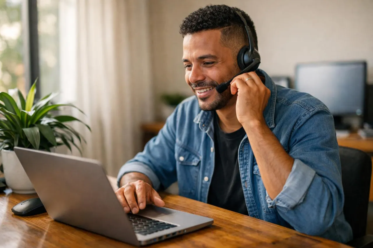 Operador de call center em home office atendendo com headset na mesa de casa, com luz natural