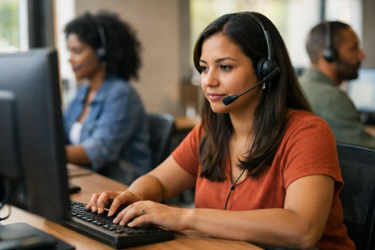 Atendente de call center receptivo ouvindo o cliente com atenção e anotando no computador