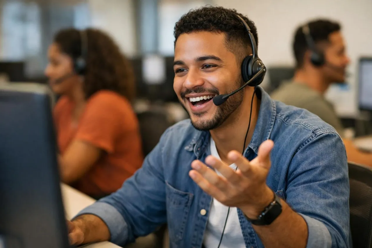 Operador de call center ativo falando ao telefone com headset e gesticulando durante a ligação