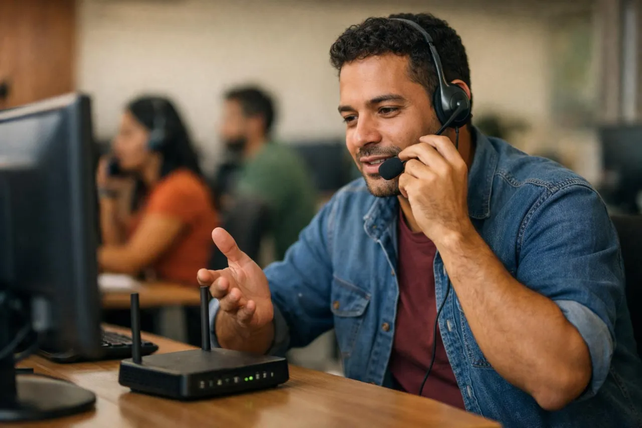 Atendente de suporte técnico de provedor de internet orientando um cliente pelo telefone