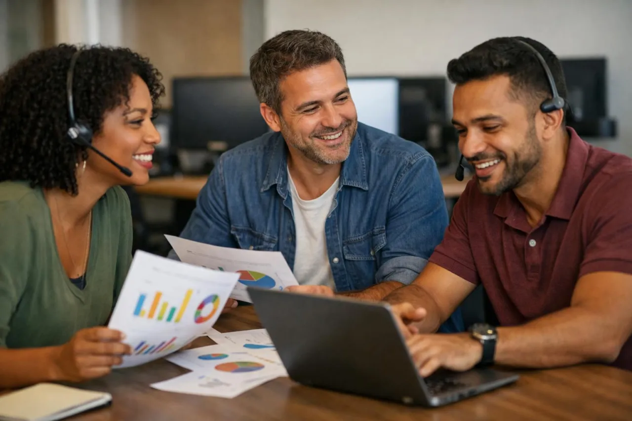 Gestores de call center analisando gráficos de desempenho da operação em uma reunião