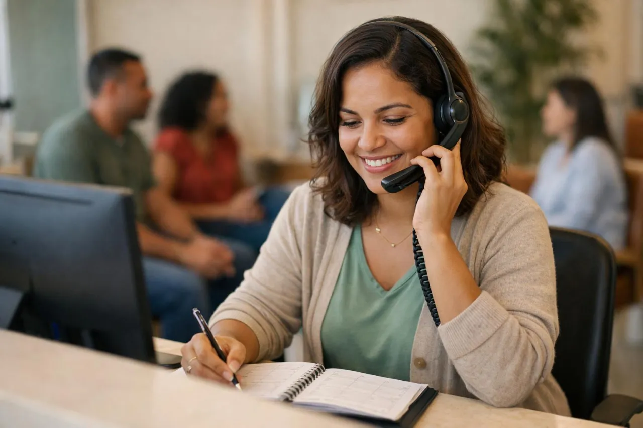 Recepcionista de clínica com headset confirmando consultas pelo telefone