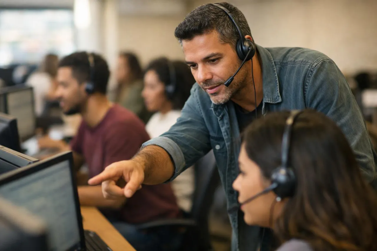 Supervisor de call center acompanhando a operação ao vivo na tela do computador ao lado da equipe