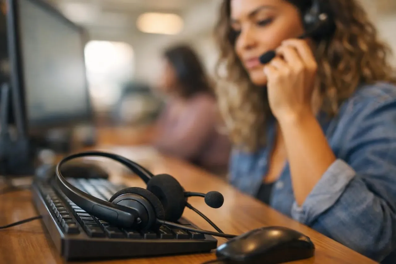 Mesa de atendimento com headset, monitor e operadora configurando o ramal no navegador