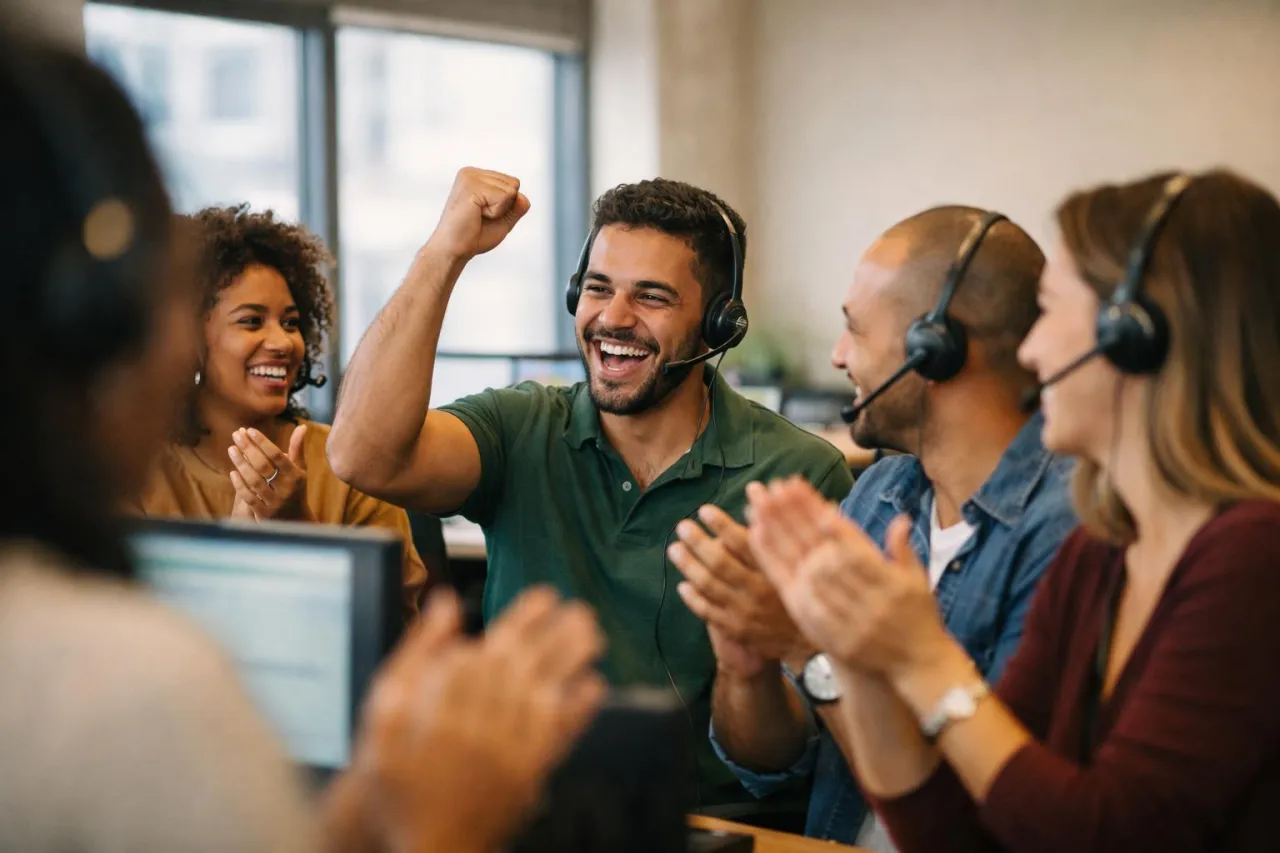 Equipe de vendas por telefone comemorando um fechamento em frente aos computadores