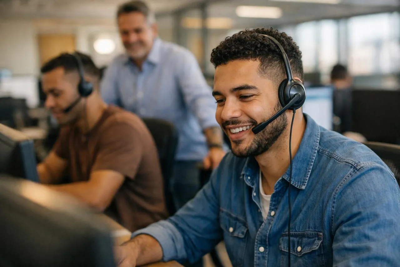 Operador com headset em call center, supervisor ao fundo e equipe trabalhando em ambiente profissional