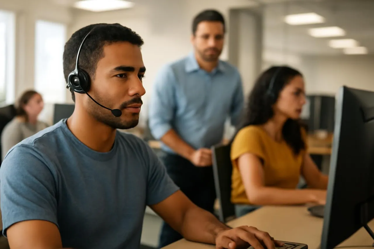 Operador com headset em call center, supervisor ao fundo e equipe trabalhando em ambiente moderno