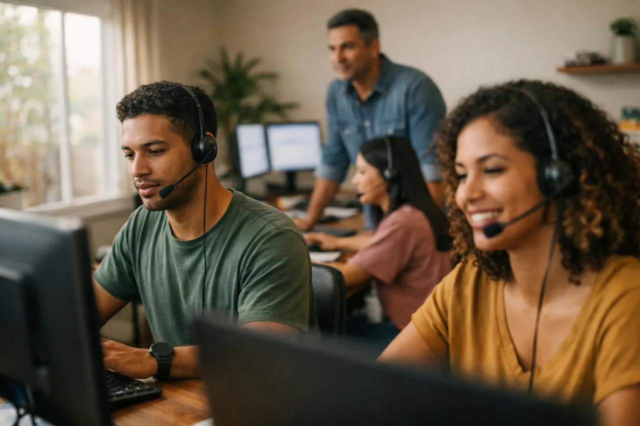 Operador brasileiro com headset em home office, enquanto um supervisor acompanha a equipe de atendimento em um ambiente remoto.