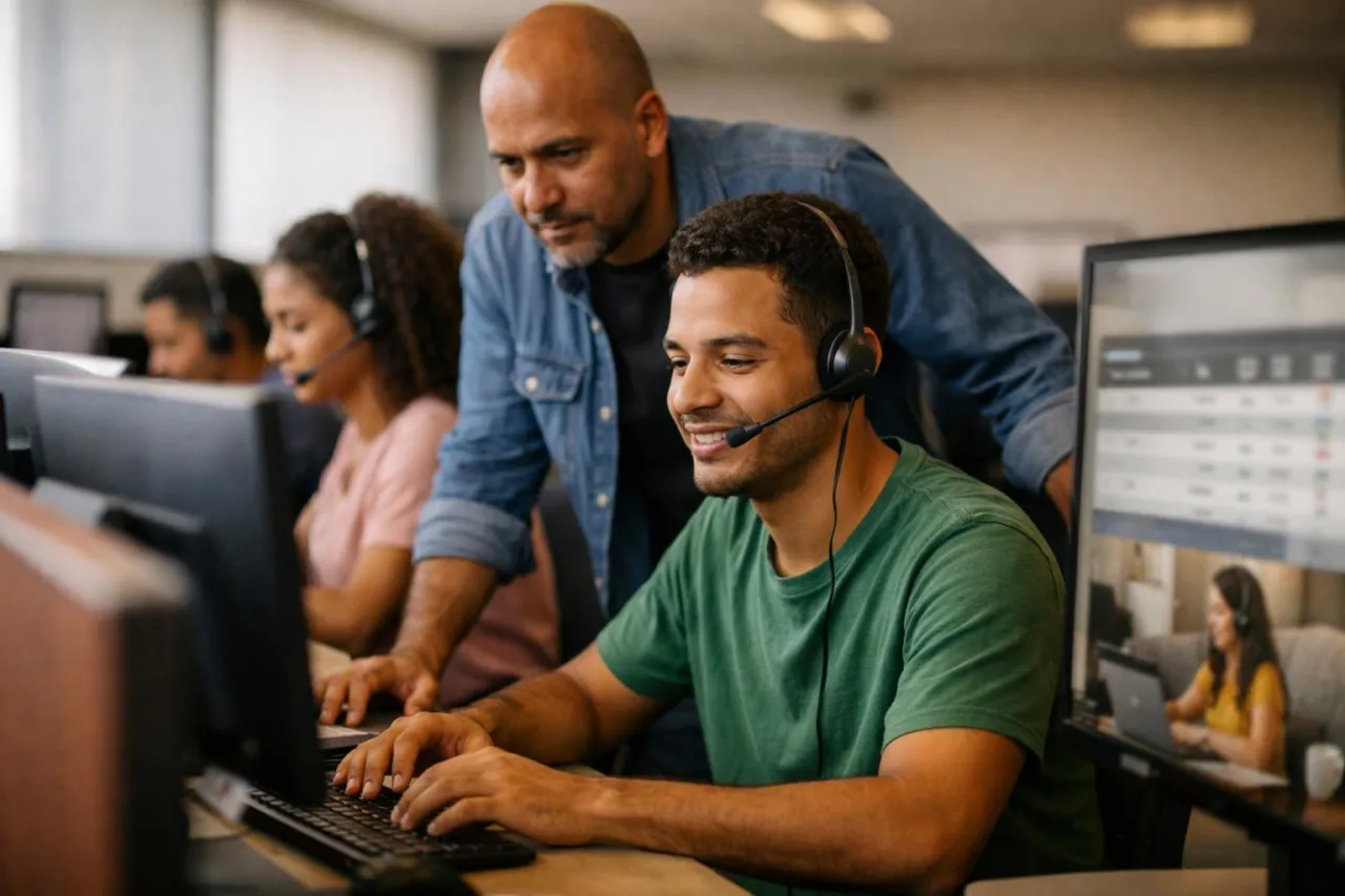 Operador com headset e supervisor observando filas em um call center brasileiro, em ambiente moderno de atendimento