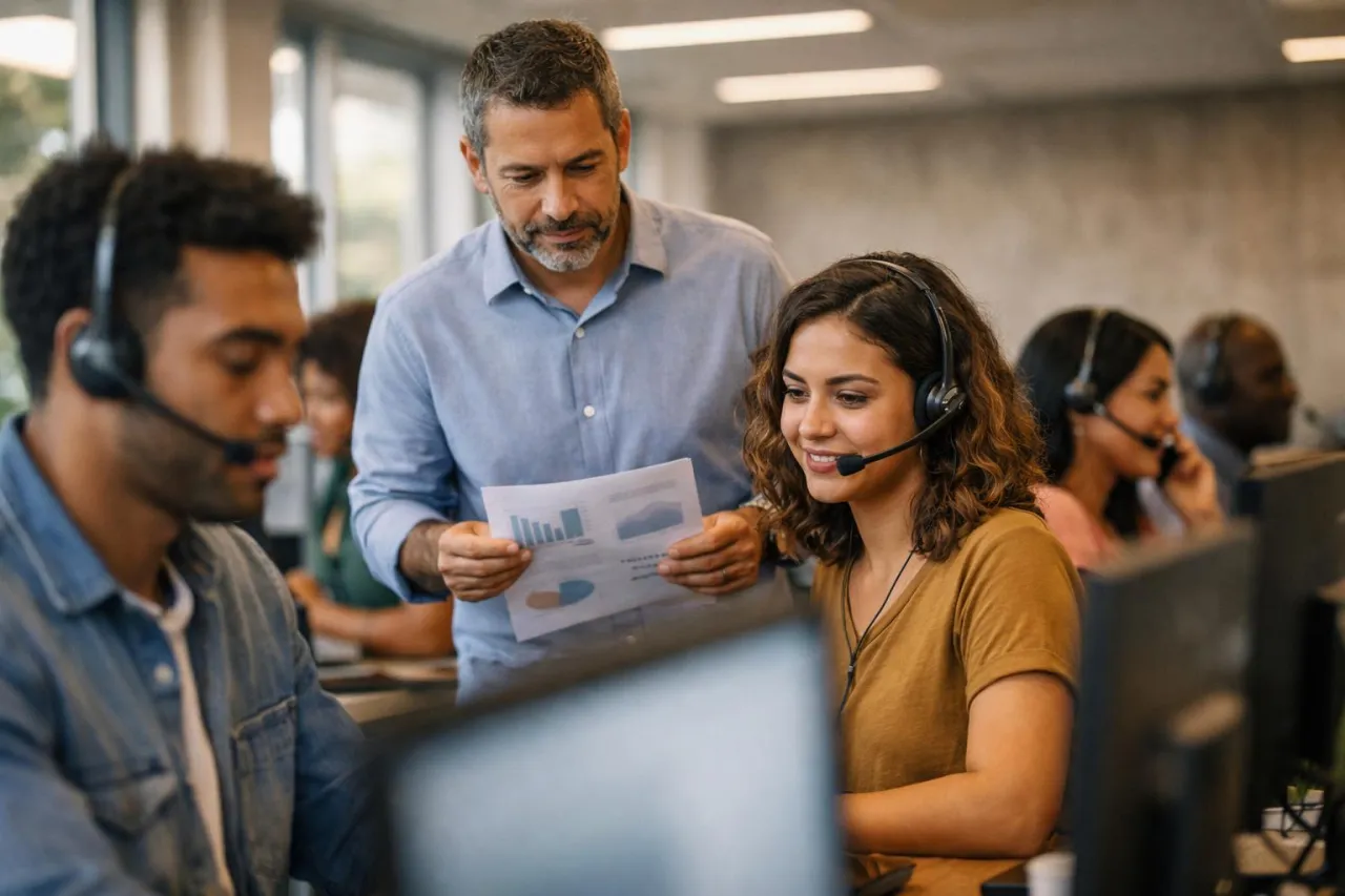 Equipe de call center com supervisão de atendimento, operadores usando headset e ambiente profissional moderno