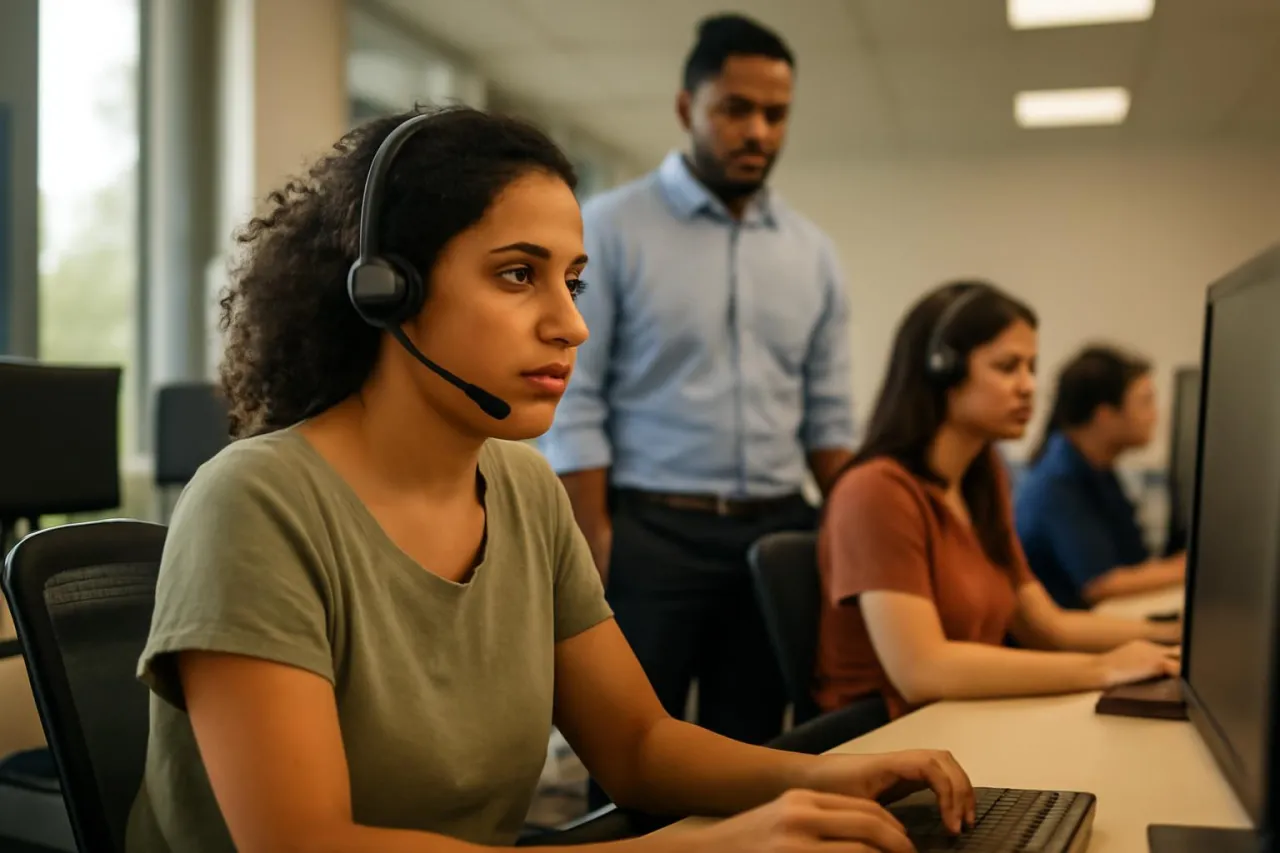 Operador com headset e supervisor acompanhando a operação em um call center brasileiro moderno.