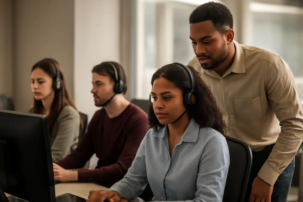 Equipe brasileira em call center com supervisão de qualidade, operadores de headset e ambiente corporativo moderno.