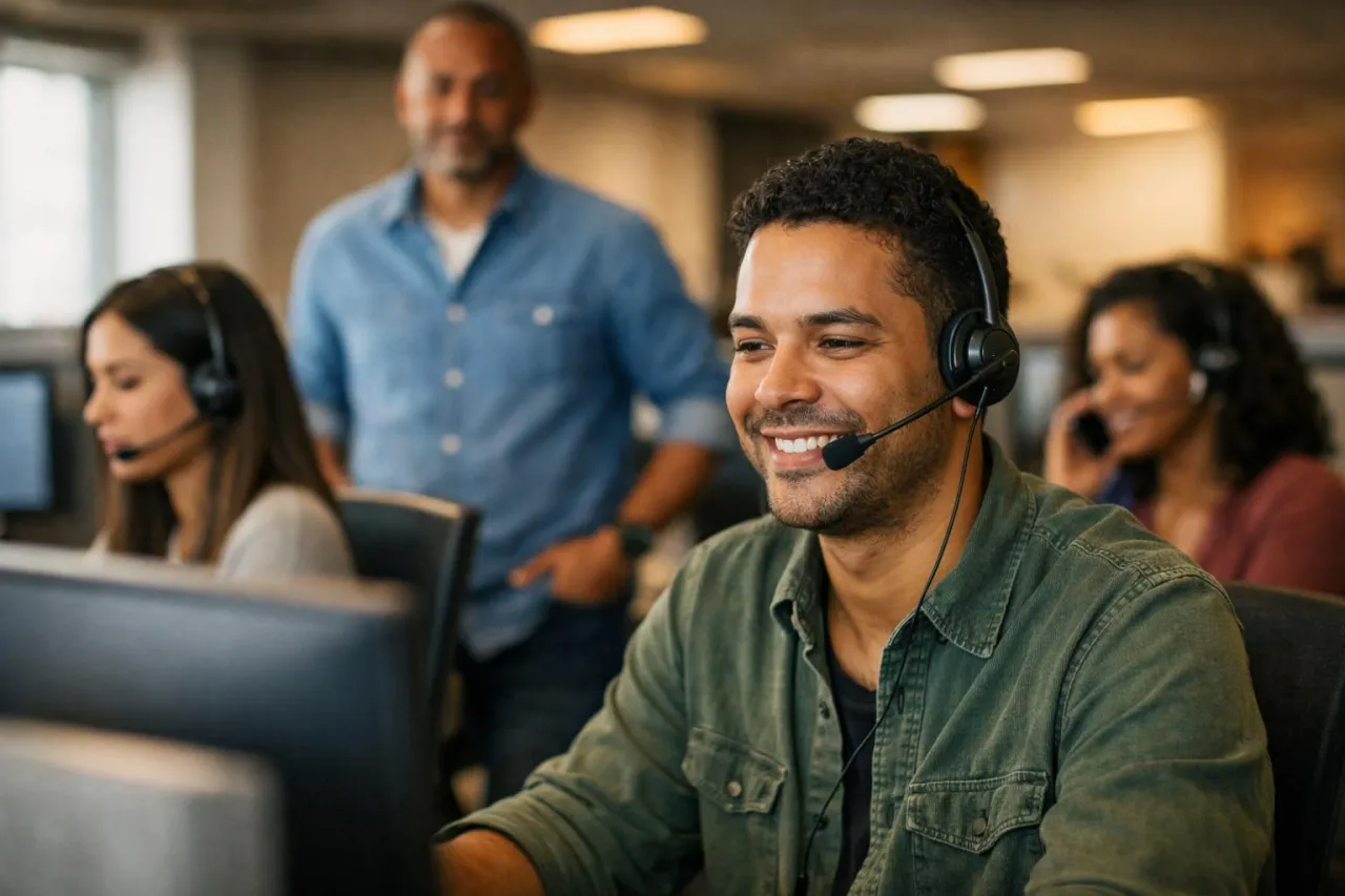 Operador de call center com headset, supervisor ao fundo e ambiente corporativo de cobrança em atendimento