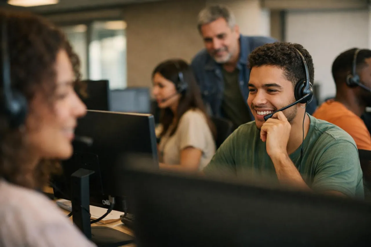 Operador com headset em call center, com supervisor ao fundo e ambiente corporativo moderno