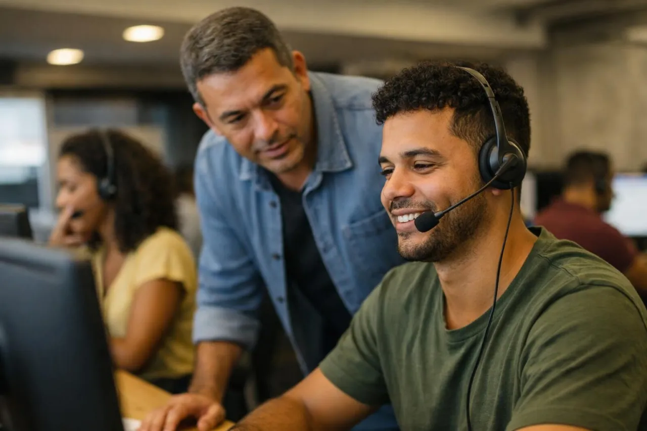 Operador de call center com headset, supervisor acompanhando a equipe e ambiente corporativo brasileiro ao fundo