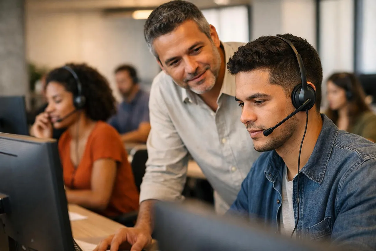 Operador de call center com headset ao lado de supervisor em ambiente corporativo com equipe ao fundo
