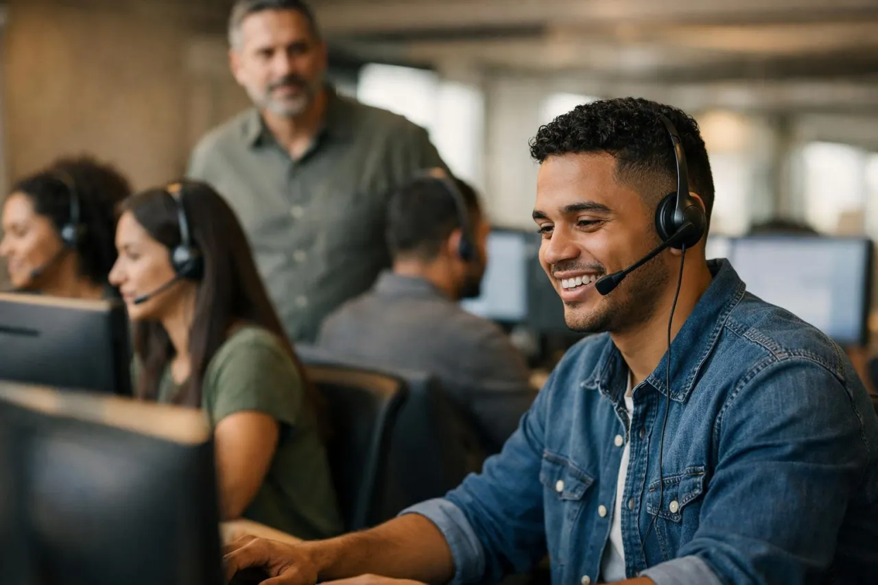 Operador com headset e supervisor acompanhando uma equipe de call center em ambiente corporativo moderno
