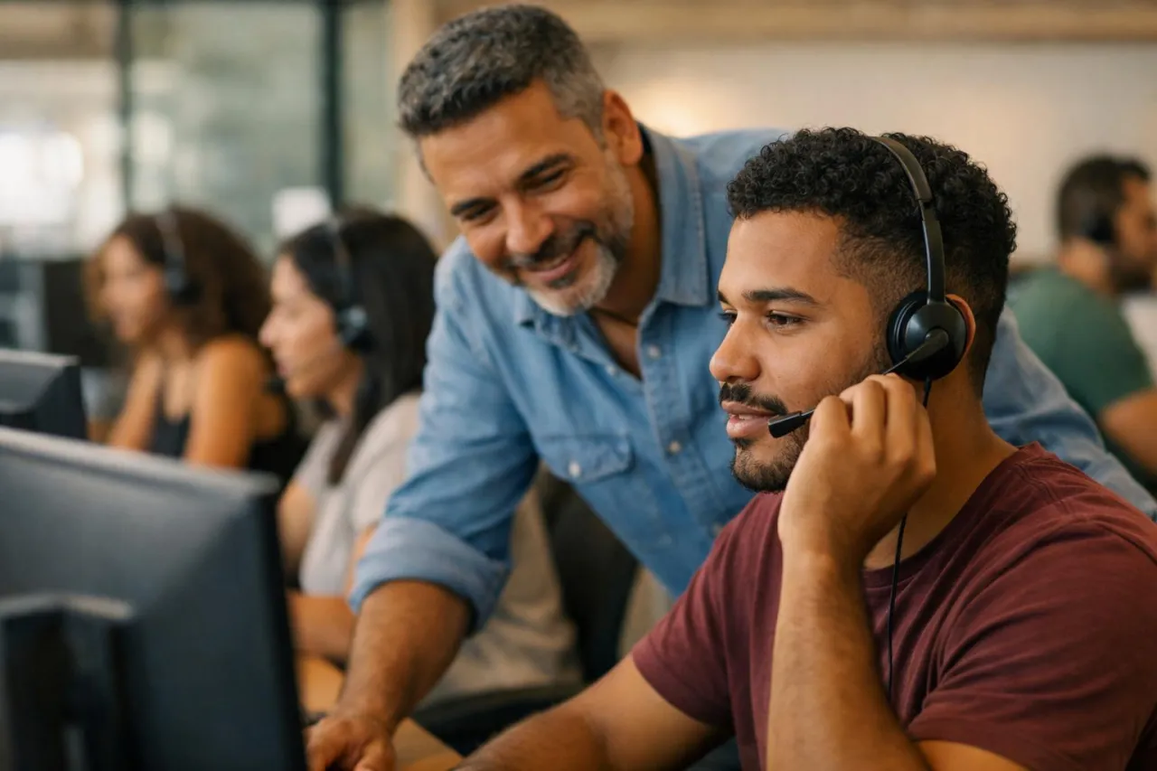 Operador de call center com headset ao lado de supervisor em ambiente profissional de atendimento