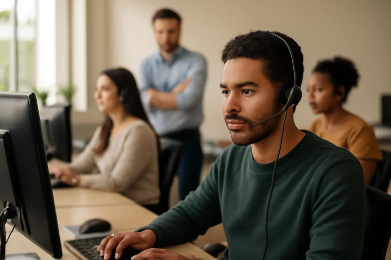 Operador de call center com headset e supervisor ao fundo em uma central de atendimento moderna